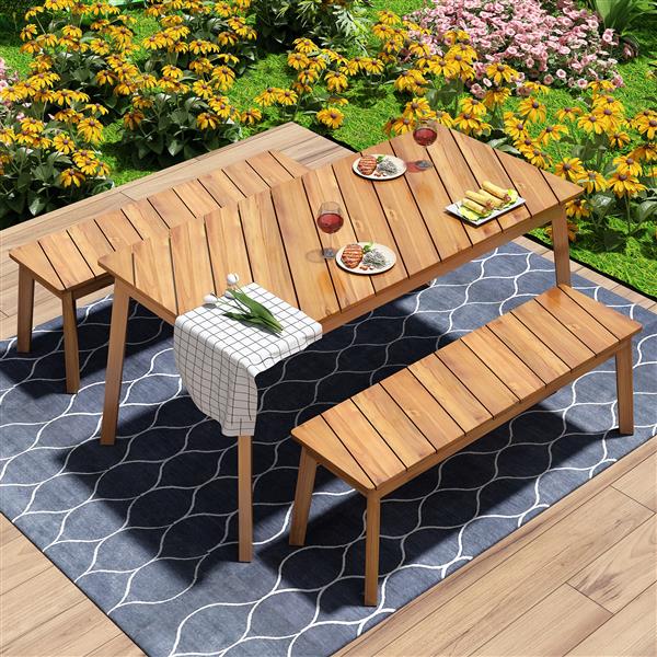 3 Pieces Acacia Wood Table Bench Dining Set For Outdoor & Indoor Furniture With 2 Benches, Picnic Beer Table for Patio, Porch, Garden, Poolside, Natural