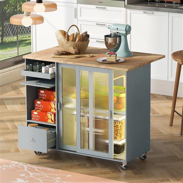 Kitchen Island with Drop Leaf, LED Light Kitchen Cart on Wheels with 2 Fluted Glass Doors and 1 Flip Cabinet Door, Large Kitchen Island Cart with an Adjustable Shelf and 2 Drawers (Grey Blue)