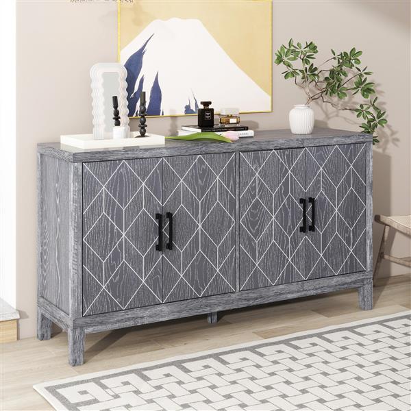 4-door Retro Sideboard with Adjustable Shelves, Two Large Cabinet with Long Handle, for Living Room and Dining Room (Light Gray)