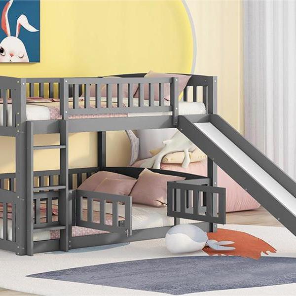 Bunk Bed with Slide,Full Over Full Low Bunk Bed with Fence and Ladder for Toddler Kids Teens Gray