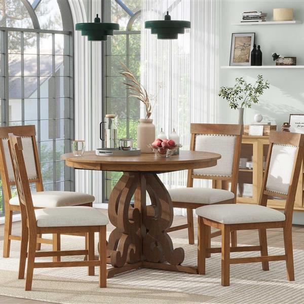 5-Piece Retro Functional Dining Set, 1 Extendable Table with a 16-inch Leaf and 4 Upholstered Chairs for Dining Room and Kitchen (Walnut)