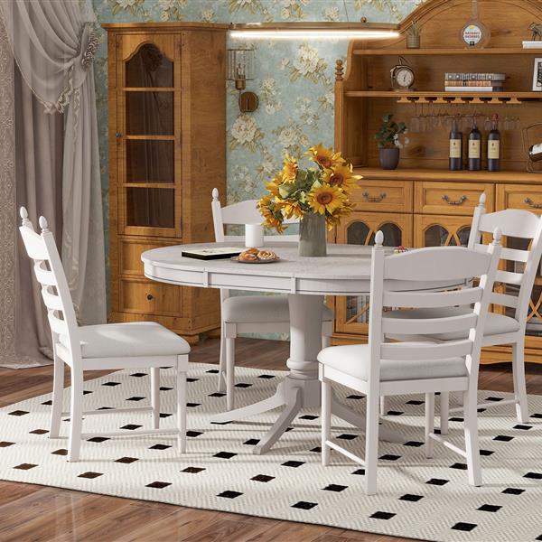 5-Piece Retro Functional Dining Table Set Wood Round Extendable Dining Table and 4 Upholstered Dining Chairs (Antique White)