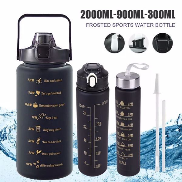 3pc Trinkflasche mit Strohhalm 2L 900ML 300ML Wasserflasche Fitness Sportflasche