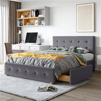 Upholstered Platform Bed with Classic Headboard and 4 Drawers, No Box Spring Needed, Linen Fabric, Queen Size Dark gray