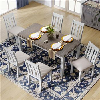 Retro Style 7-Piece Dining Table Set with Extendable Table and 6 Upholstered Chairs (Brown+White)