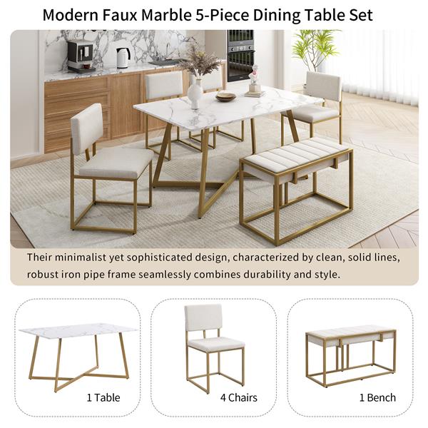 Modern Faux Marble 6-Piece Dining Table Set,60inch Metal Kitchen Table Set with Upholstered Dining Chairs and Bench, Golden