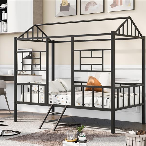 Metal House Bed Frame Twin Size with Slatted Support No Box Spring Needed Black