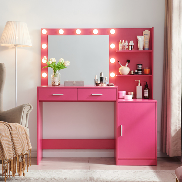 Vanity Desk with Mirror and Lights, 46.4IN Dressing Table with 2 Large Drawer&Large Vertical Organizer, 3 Level Dresser & 3 Lighting Modes Adjustable Brightness, Suitable for Bedroom(Rose Pink) 