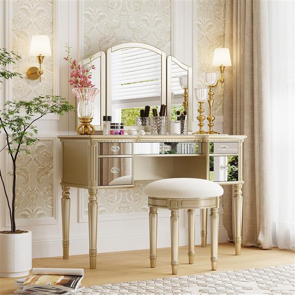 43" Dressing Table Set with Mirrored Drawers and Stool, Tri-fold Mirror, Makeup Vanity Set for Bedroom, Gold