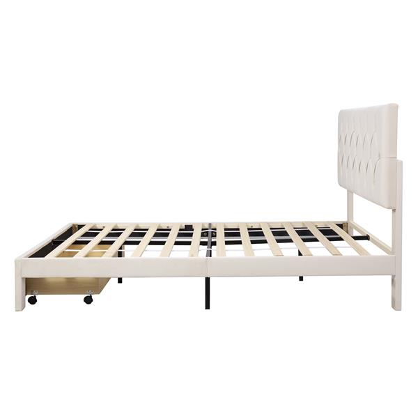 Queen Size Storage Bed Velvet Upholstered Platform Bed with a Big Drawer - Beige