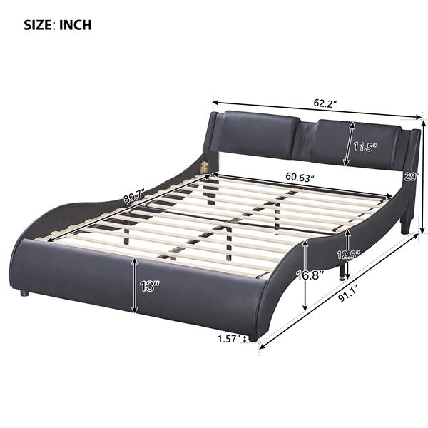 Queen Size Upholstered Faux Leather Platform Bed with LED Light Bed Frame with Slatted - Black