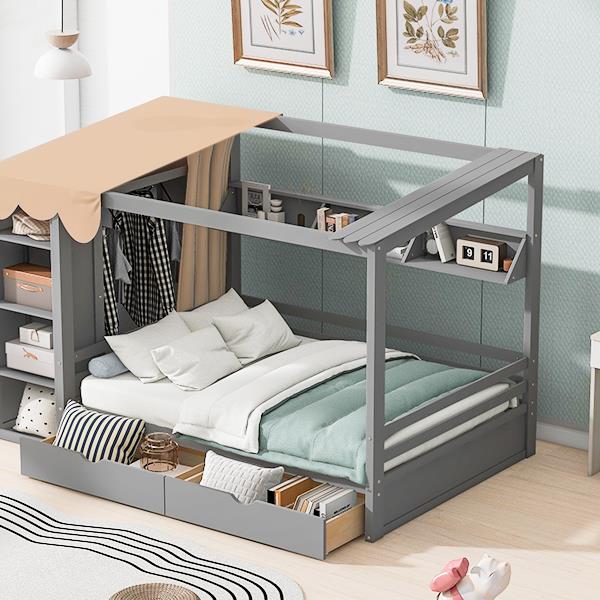 Full size House Bed with Two Drawers and Wardrobe,Gray