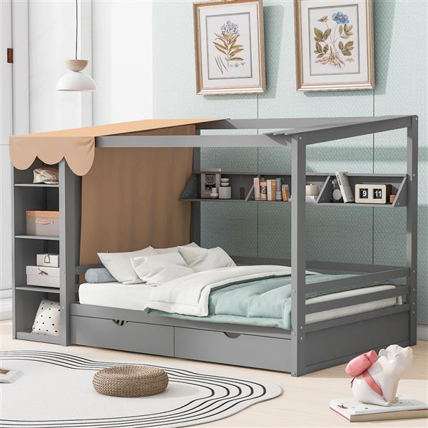 Full size House Bed with Two Drawers and Wardrobe,Gray