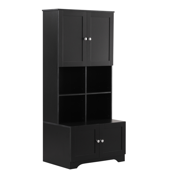 Tall and Wide Bathroom Floor Storage Cabinet, Bathroom Storage Unit, Freestanding Cabinet with 4 Doors, Adjustable Shelves, Open multi-layer Shelves, Black 