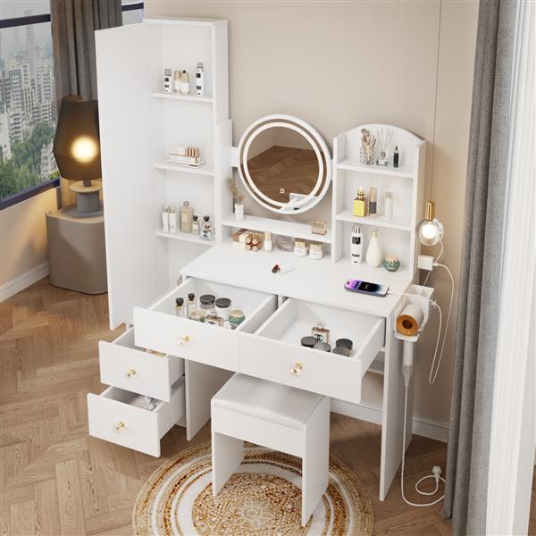 Full Body Mirror Cabinet + Round Mirror LED Vanity Table + Cushioned Stool, With 2 AC + 2 USB Power Station,17" diameter LED Mirror, Touch Control, 3-color, Brightness adjustable, Large desktop