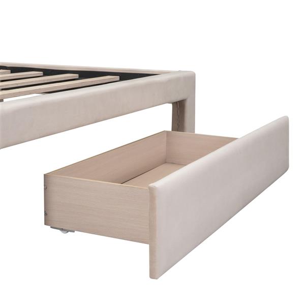 Full Size Storage Bed Velvet Upholstered Platform Bed with a Big Drawer - Beige