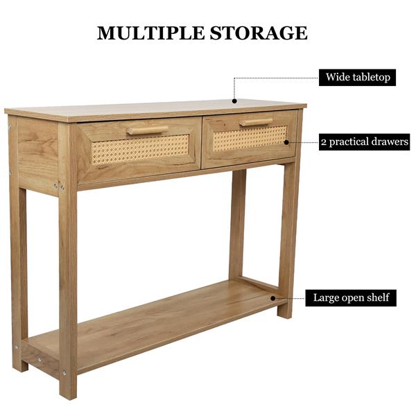 Console Table with 2 Drawers,  Sofa Table, Entryway Table with open  Storage Shelf, Narrow Table with rattan design for Living Room/Entryway/Hallway,  Natural Color