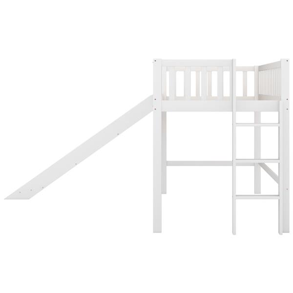 Twin Size Low Loft Bed with Ladder and Slide,White