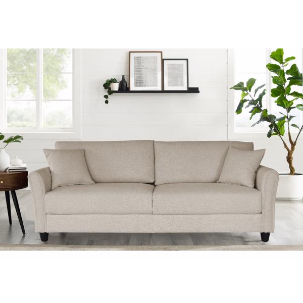 Off White Linen, Three-person Indoor Sofa, Two Throw Pillows, Solid Wood Frame, Plastic Feet