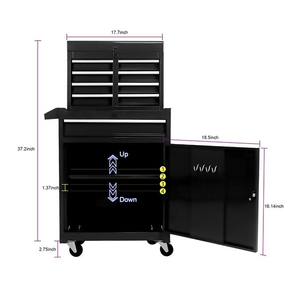 Detachable 5 Drawer Tool Chest with Bottom Cabinet and One Adjustable Shelf--Black