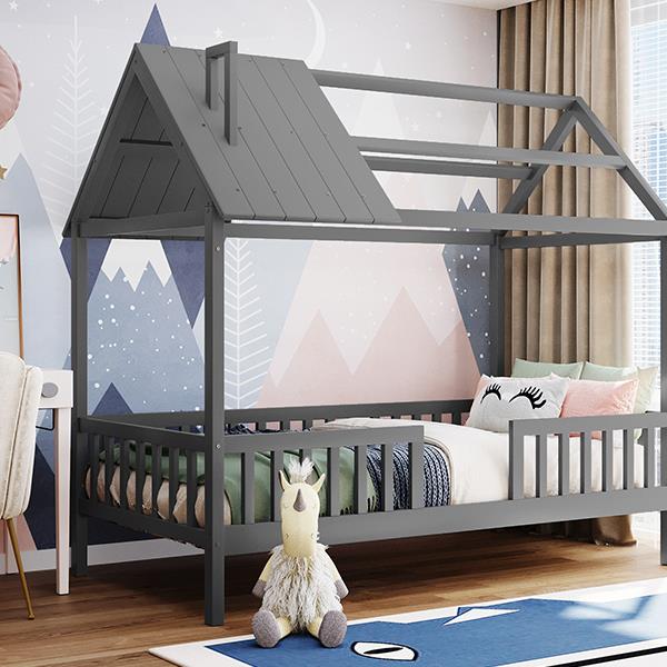 Twin Size Wood House Bed with Fence, Gray