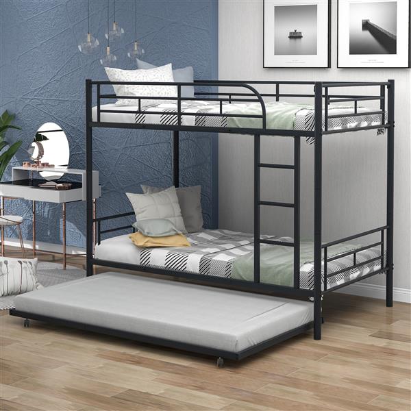 Twin-Over-Twin Metal Bunk Bed With Trundle,Can be Divided into two beds,No Box Spring needed ,Black