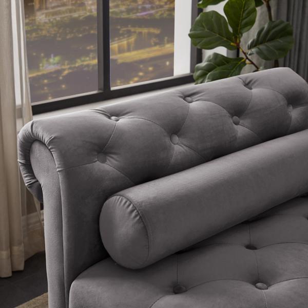 Dark Grey, Solid Wood Legs Velvet Rectangular Sofa Bench with Attached Cylindrical Pillows