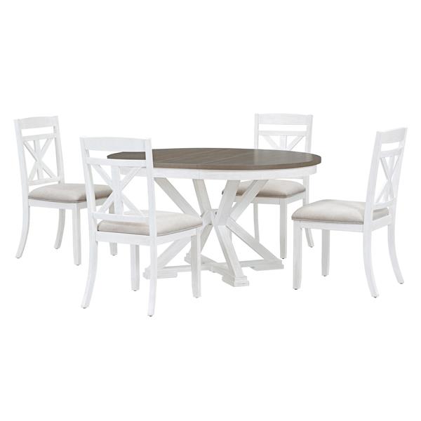 5-Piece Retro Functional Dining Table Set Extendable Round Table and 4 Upholstered Chairs for Dining Room and Living Room (Brown+Antique White)