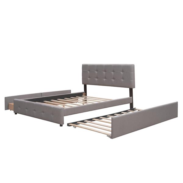 Upholstered Platform Bed with 2 Drawers and 1 Twin XL Trundle,  Linen Fabric, Queen Size - Light Gray