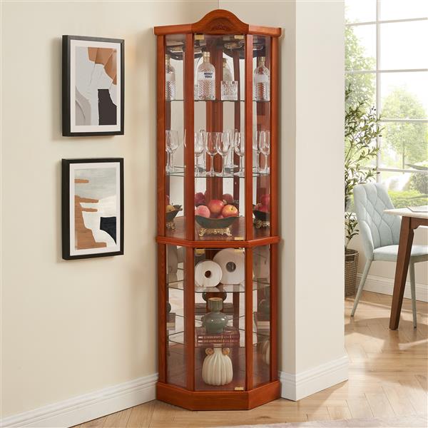 Glass Cabinet Lighted Corner Cabinet Corner Display Curio Cabinet, Glass Display With Light(Included)Bar Cabinet,Wine Cabinet with Adjustable Glass Shelves Carved Decoration OAK Light(Included)