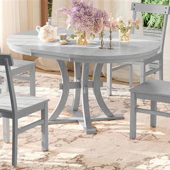 5-Piece Rustic Round Pedestal Extendable Dining Table Set with 15.7\\" Removable Leaf and Simple Dining Chirs for Small Places, Gray