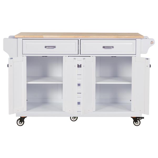 Kitchen Island with Rubber wood Countertop, Kitchen Cart on 5 Wheels with Storage Cabinet and 5 Drawers for Dinning Room, White