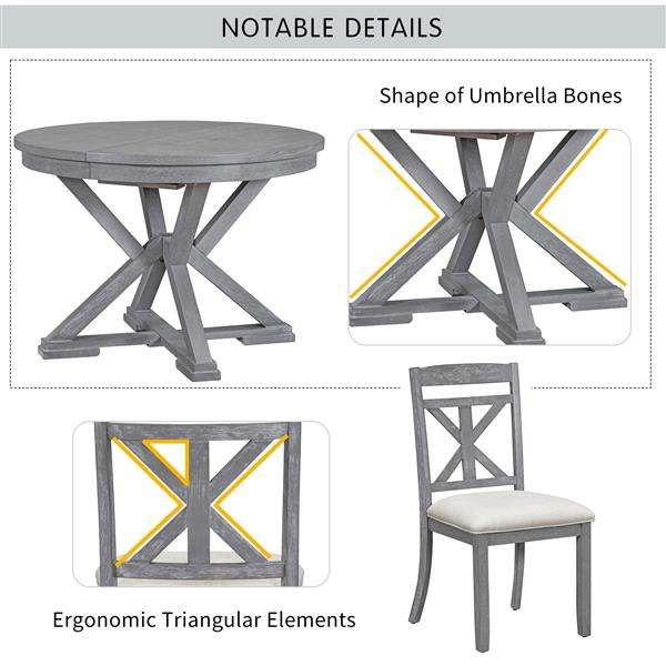 5-Piece Retro Functional Dining Table Set Extendable Round Table and 4 Upholstered Chairs for Dining Room and Living Room (Grey)