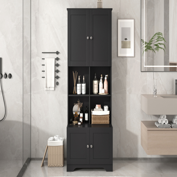 Tall and Wide Bathroom Floor Storage Cabinet, Bathroom Storage Unit, Freestanding Cabinet with 4 Doors, Adjustable Shelves, Open multi-layer Shelves, Black 