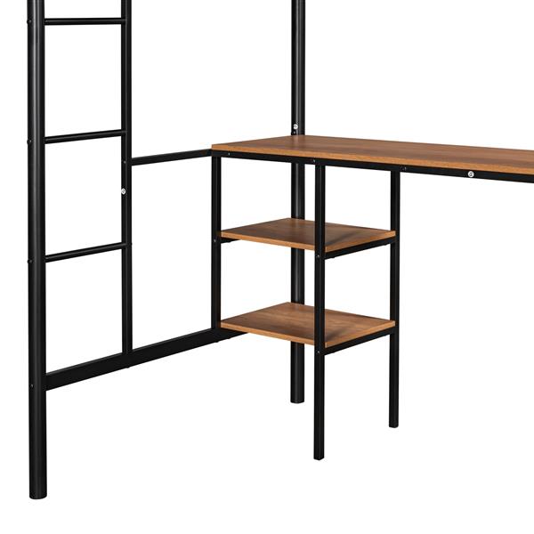 Twin-size Loft Bed with Table & Shelves/ Heavy-duty Sturdy Metal/ Built-in Table & Shelves/ Noise Reduced/ Safety Guardrail/ 2 Side Ladders/ CPC Certified/ No Box Spring Needed