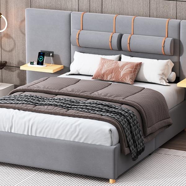 Full size upholstered platform bed with two outlets and USB charging ports on both sides, two bedside pillows, storage shelf, Gray