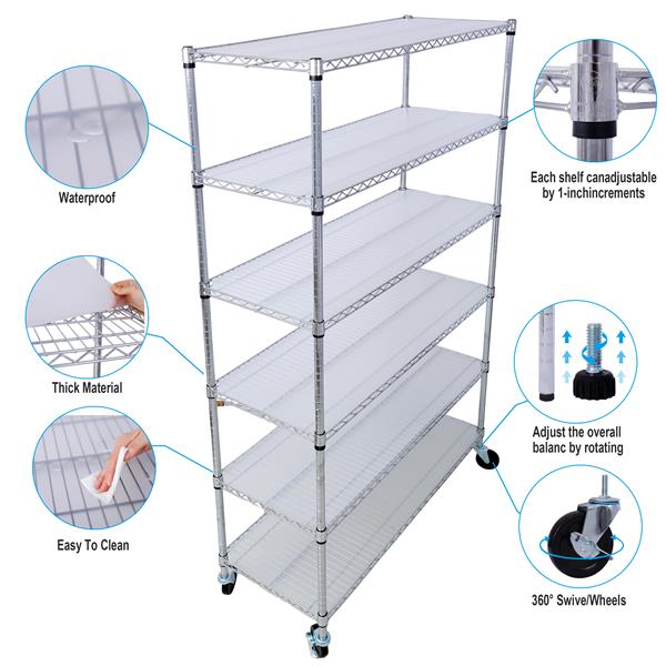 6 Tier 6000lbs Capacity NSF Metal Shelf Wire Shelving Unit, Heavy Duty Adjustable Storage Rack with Wheels & Shelf Liners for Commercial Grade Utility Steel Storage Rack, chrome- 82"H x 48"L x 18"D