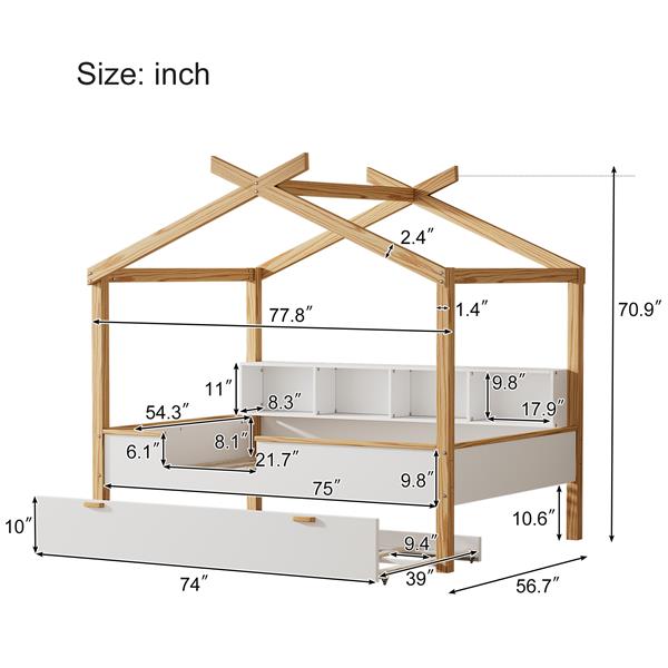 White Full Size Wooden House Bed with Original Wood Colored Frame Twin Size Trundle and Bookshelf Storage Space for Children or Guest Room