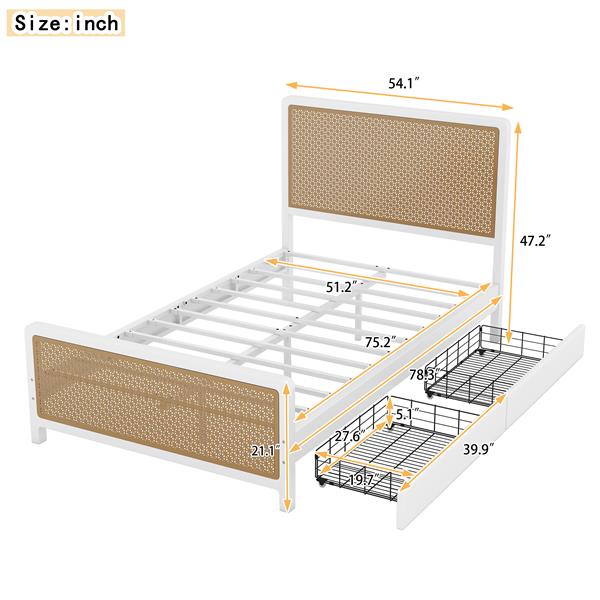 Full Size Metal Platform Bed with 2 Drawers, White