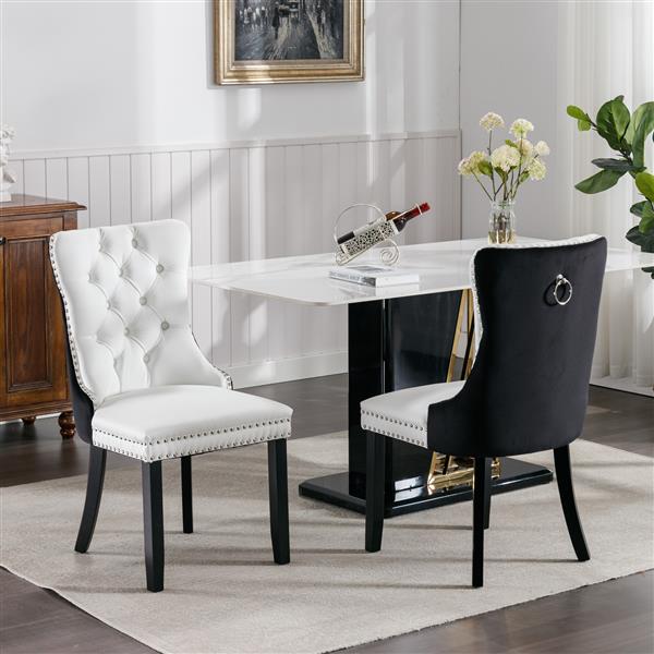 Furniture,Modern, High-end Tufted Solid Wood Contemporary PU and Velvet Upholstered Dining Chair with Wood Legs Nailhead Trim  2-Pcs Set，White+Black, SW2101WB