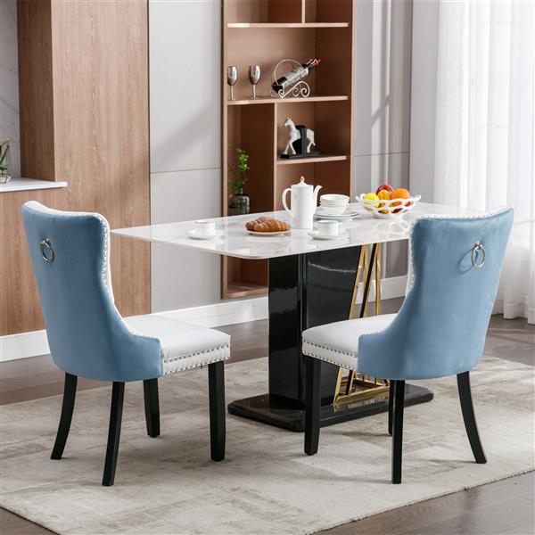 Furniture,Modern, High-end Tufted Solid Wood Contemporary PU and Velvet Upholstered Dining Chair with Wood Legs Nailhead Trim  2-Pcs Set, White+Light Blue, SW2101WL