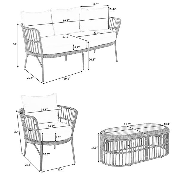 4-Piece Rattan Outdoor Patio Conversation Set with Seating Set for 5 and Coffee Table for Porch, Backyard and Garden (Grey)