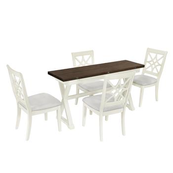 5-Piece 62*35.2inch Extendable Rubber Wood Dining Table Set with X-shape Legs,Console Table with Two 8.8Inch-Wide Flip Lids and Upholstered Dining Chairs ,Beige