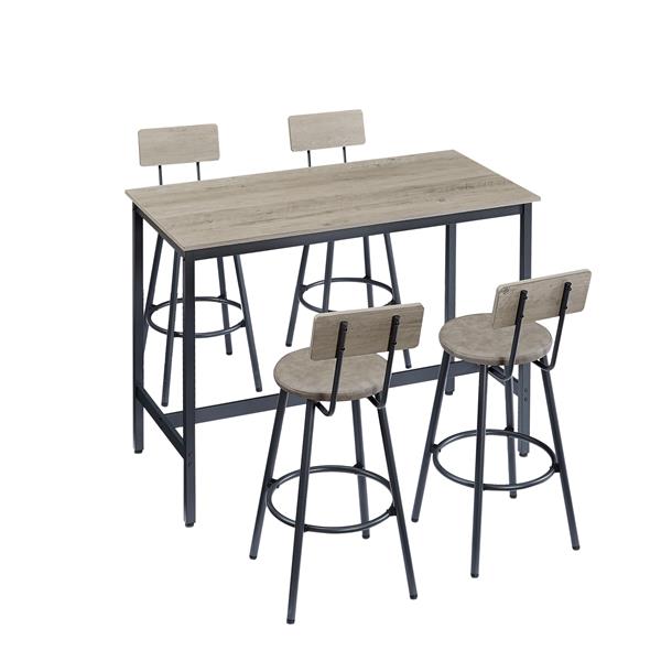 Pub High Dining Table 5 Piece Set, Industrial Style Pub Table, 4 PU Leather Bar Chairs for Kitchen Breakfast Table, Living Room, Bar, Rustic Grey, 47.2″L x 23.6"W x 35.4"H