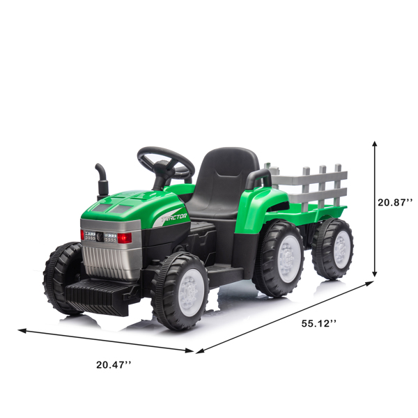 Green, 12V7AH Battery-Powered Toy Tractor with Trailer, Remote Control, Kids' Electric Excavator Vehicles with 2x35W Dual Motor, Treaded Tires, LED Lights, USB, Music,  - Gift Childrens DAY