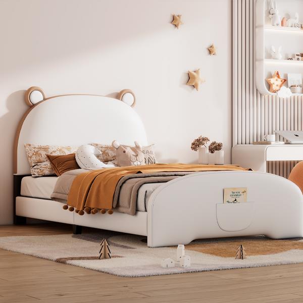 Twin Size Upholstered Platform Bed with Bear-shaped Headboard and Footboard,White+Brown