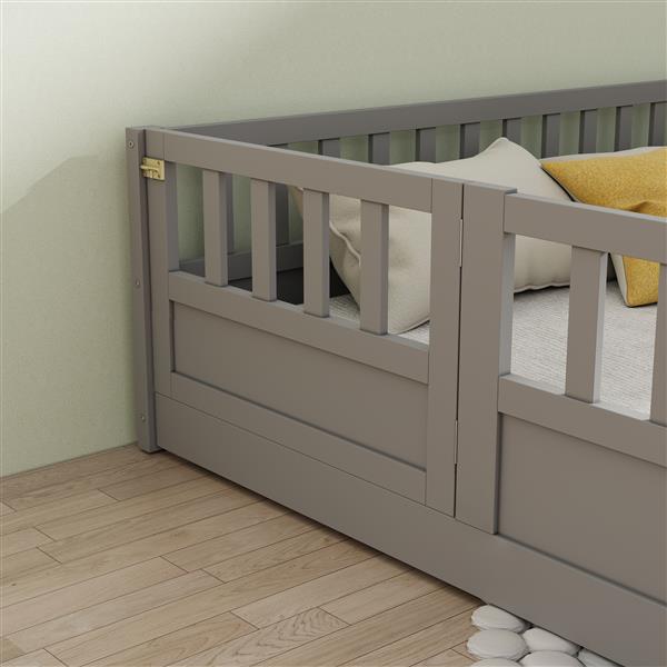 Full size  Floor bed, integral construction with super high security barrier, door, children's floor bed frame, Montessori wooden children's floor bed, Support slat Grey