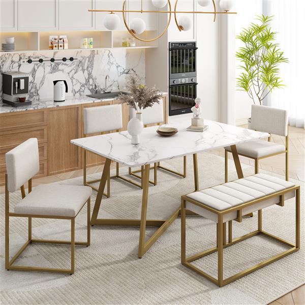 Modern Faux Marble 6-Piece Dining Table Set,60inch Metal Kitchen Table Set with Upholstered Dining Chairs and Bench, Golden