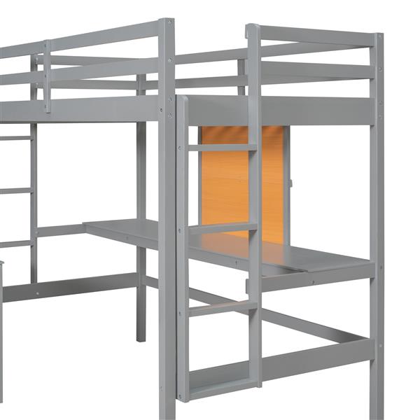 Twin size Loft Bed with Desk and Writing Board, Wooden Loft Bed with Desk & 2 Drawers Cabinet- Gray