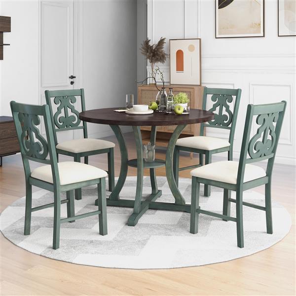 5-Piece Round Dining Table and 4 Fabric Chairs with Special-shaped Table Legs and Storage Shelf (Antique Blue/ Dark Brown)